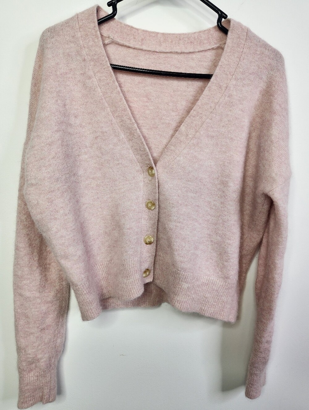 Alpaca Wool-Blend Cardigan Sweater, Medium, Soft Pink V-Neck Button